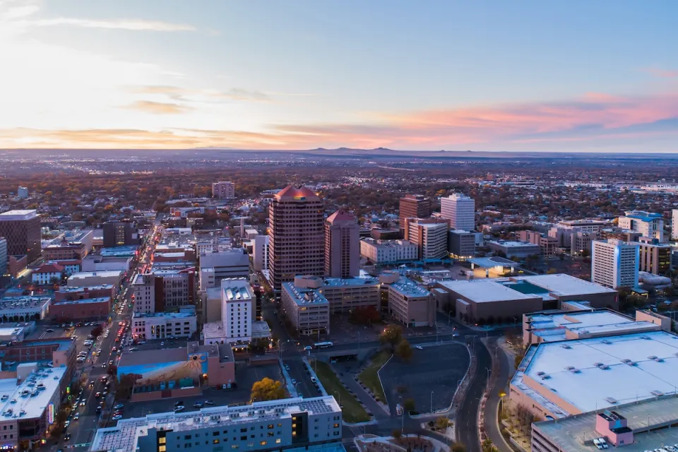 Aerial view of downtown Albuquerque, New Mexico at sunset.